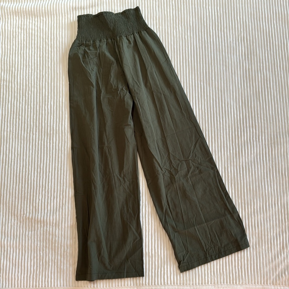 Women's Green Wide-Leg Pants Pull On Elastic Waistband Pockets Linen Polyester M - Picture 5 of 12